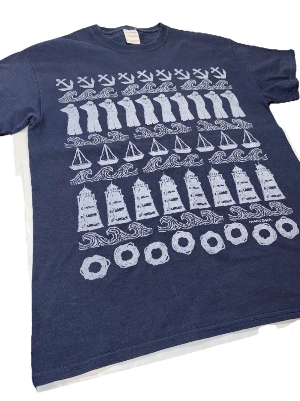 Marushka Blue Sailor Anchor Waves Lighthouse Coastguard USA Navy T-Shirt Men’s M
